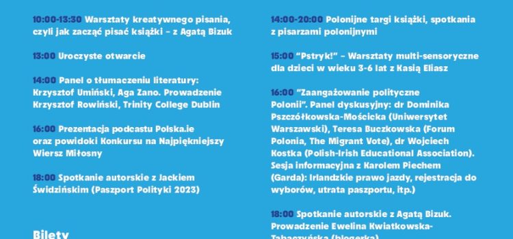 Polish Literary Festival – Trinity College 11 May, The Club 12 May, St Patrick’s Park 19 May